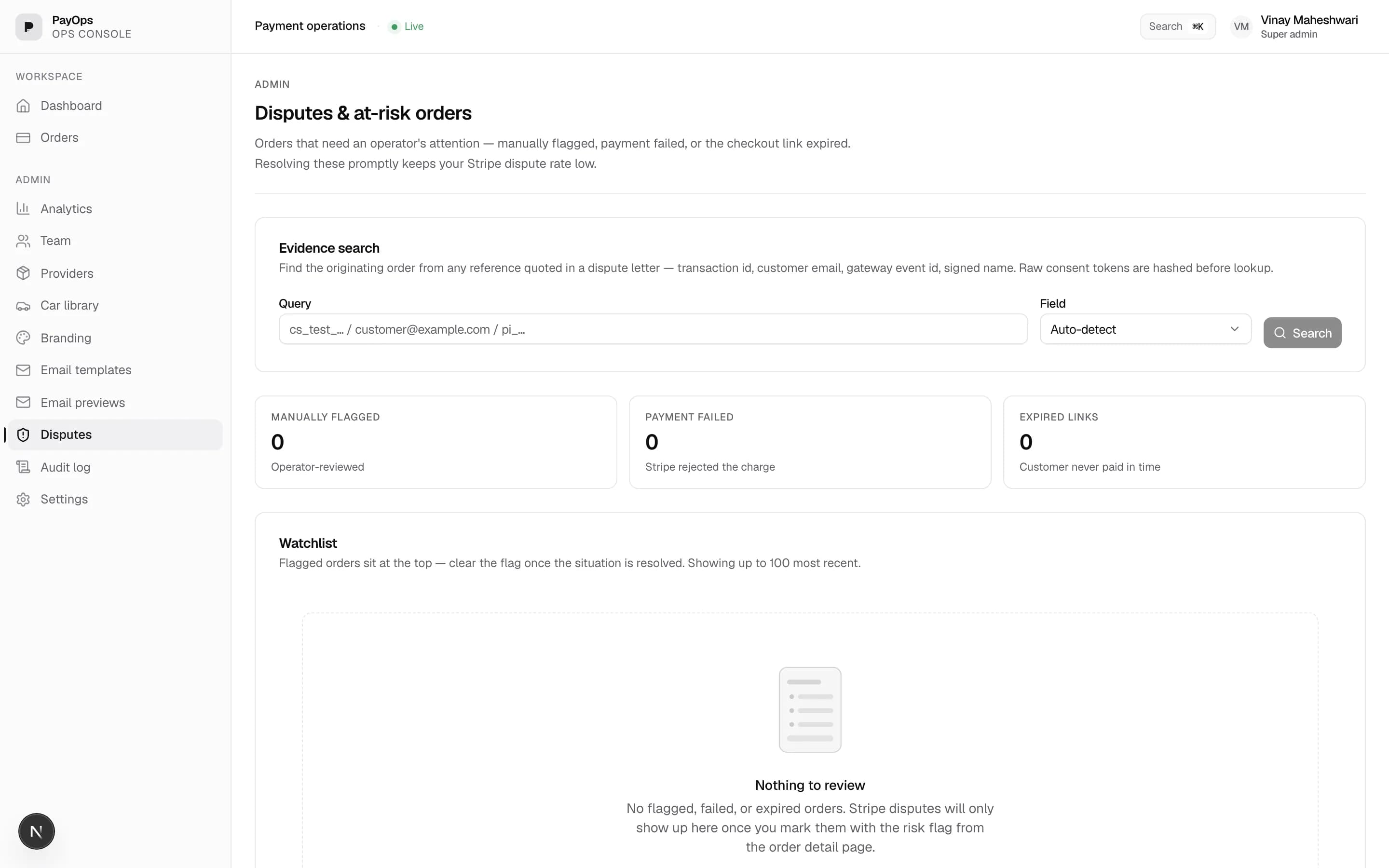 PayOps evidence chain — hash-linked record of an order's lifecycle